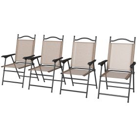 Portable Folding Camping Chairs Set of 4 with Armrests Mesh Fabric for Outdoor Lawn Brown Comfort