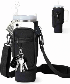 Water Bottle Carrier Bag with Phone Pocket for Stanley Tumbler Neoprene Water Bottle Holder Pouch with Adjustable Strap Bollus with Straw Cover & Car