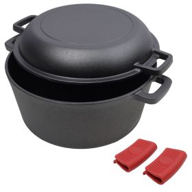 2 in 1 Pre-Seasoned Cast Iron Dutch Oven With Dual Handles, Outdoor Camping Deep Pot for Camping Fireplace Cooking BBQ Baking Campfire, 5 Quart.With