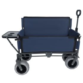 3-in-1 Folding Wagon with Bench Seat & Rear-Mounted Folding Tabletop – 500lbs Capacity, 9"x4" Beach Tires for Camping, Beach, Dark Blue
