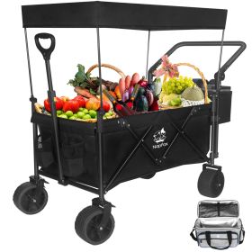 Collapsible Wagon 140L Wagons Carts Foldable with Removable Canopy, Folding Wagon Cart with Wheels for All-Terrain with Brake, Foldable Wagon with Co