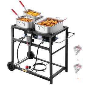 Outdoor Propane Deep Fryer, Dual-Tank 18QTx2 Commercial Fryer, Multi-Purpose Portable Frying Cart with Wheel, 3 Basket, 2 Thermometer, Stainless Stee