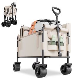 Collapsible Folding Wagon, 550lb Load & 220L, 2 in 1 Foldable Wagon Cart Converts to Bench, Utility Wagon with Adjustable Handle, Outdoor Cart for Gr