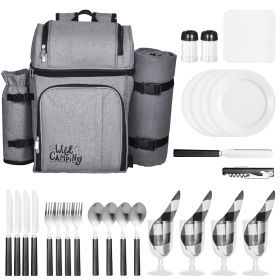 Picnic Backpack, Beach Picnic Backpack Bag for 4 Person with Insulated Cooler Compartment, Detachable Bottle/Wine Holder, Lightweight Blanket, Plates (Number of Layers: Double-deck, Color: Gray)