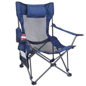 Foldable Camping Chair Collapsible Reclining Chair 330LBS Load Heavy Duty Steel Lawn Chair with Reclining Backrest Angle Cup Holder Pillow Side Pocke (Color: Blue)